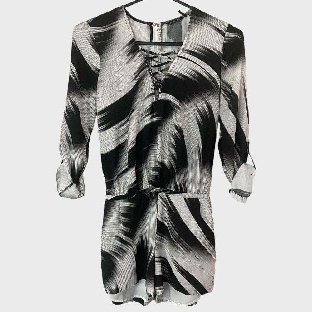 Marciano Tie-Waist Romper White/Black Abstract Print Roll-Tab Sleeves Size 0
